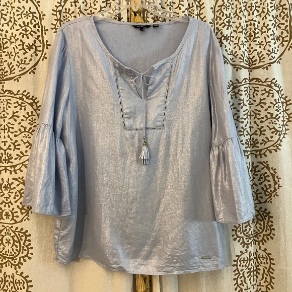 Ellen Tracy Women's Large L Blue Metallic Shimmer Linen Blouse Shirt Top Classy - Picture 2 of 7